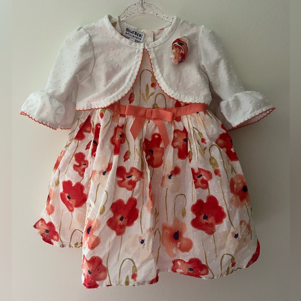 Blueberi Boulevard White Dress with Red and Orange Poppies